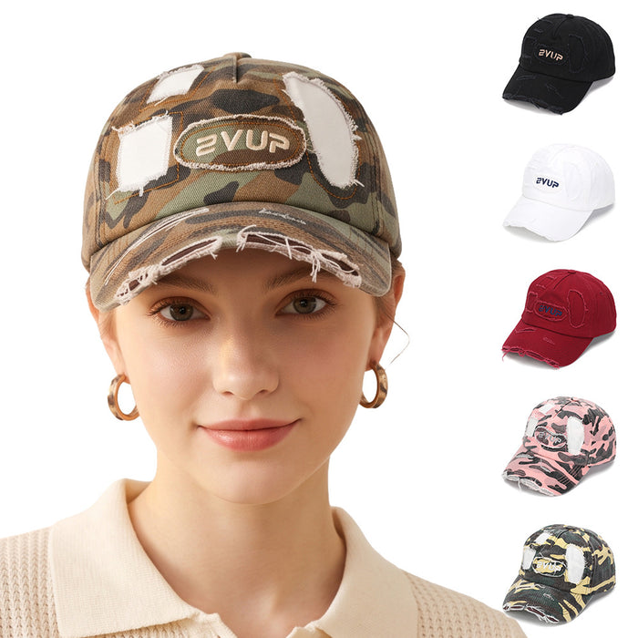 Wholesale Stylish Camouflage Torn Baseball Cap Sun Protection Embroidered Curved Brim Casual Hat for Men Women