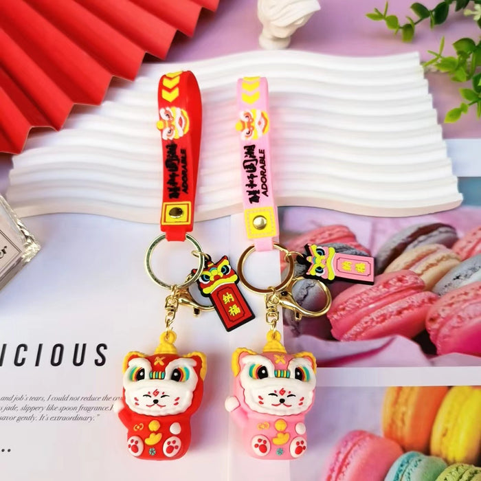 Wholesale Cartoon National Fashion Lion Dance Lucky Cat Keychain Pendant Chinese Red Couple Doll Small Pendant Personalized Car Pendant