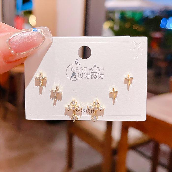 Wholesale Zircon Cross Pairs of Earrings Silver Needles Earrings Earrings