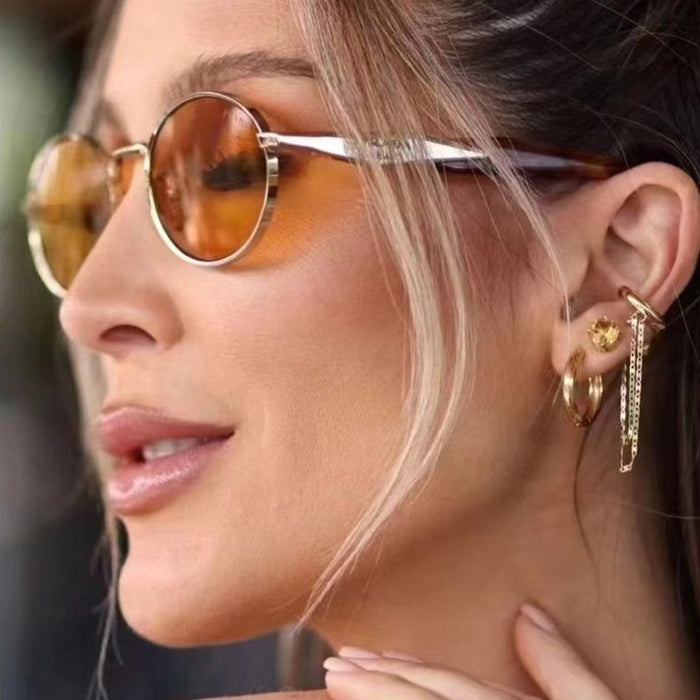 Wholesale Elliptical metal personalized sunglasses, fashionable large frame sunglasses, internet famous retro street photography sunglasses