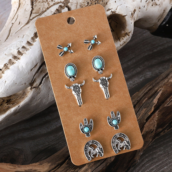 Wholesale cute sweet turquoise earrings suit fashion round bead flower cat claw ear jewelry