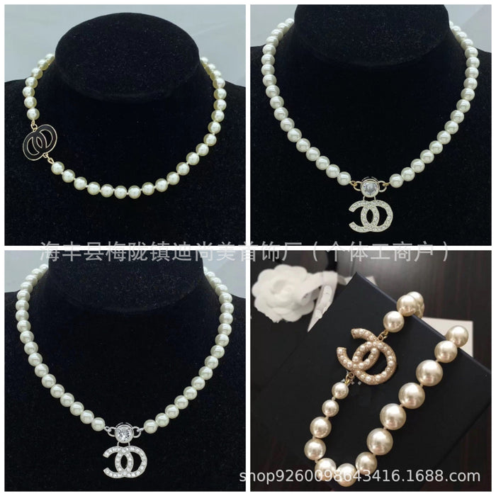 Wholesale Double C letter enamel camellia pearl long necklace