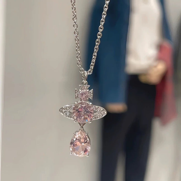 Wholesale Saturn Mermaid Tears Pink Tear Zirconia Stainless Steel Necklace