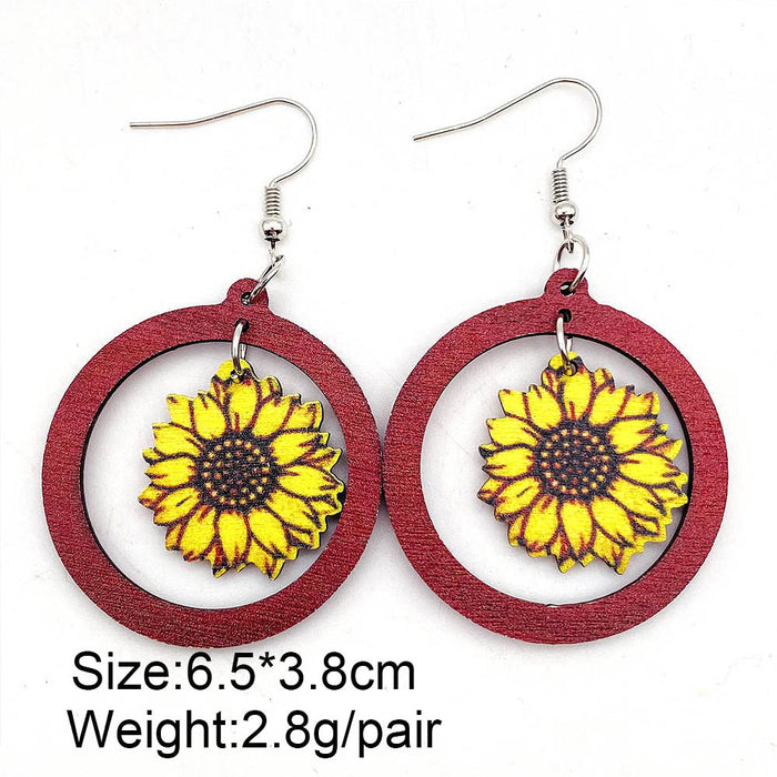 Wholesale Retro Wooden Earrings Western Denim Series Cowhead Sunflower Boho Earrings