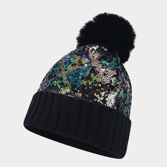 Wholesale Acrylic Colorful Sequins Thick Warm Wool Ball Ear Protection Knitted Hat JDC-FH-LvYi049