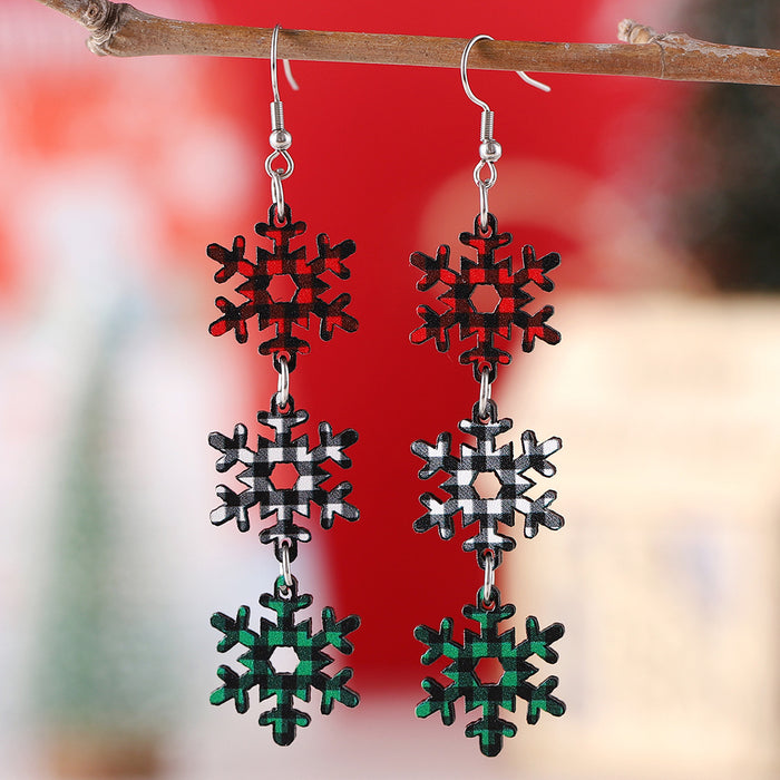 Wholesale Christmas Color Dog Claw Christmas Tree Plaid Snowflake Triple Pendant Earrings Wooden Double-sided Earrings