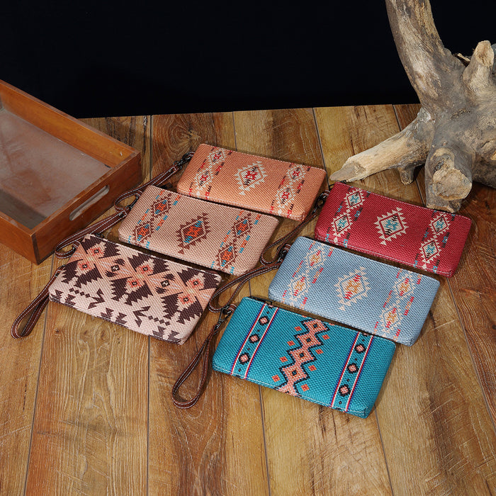 Wholesale European and American Retro Cotton and Linen Printed Western Women' s Wallet Clutch Mobile Phone Bag Bohemian Cross-Border Amazon Tk