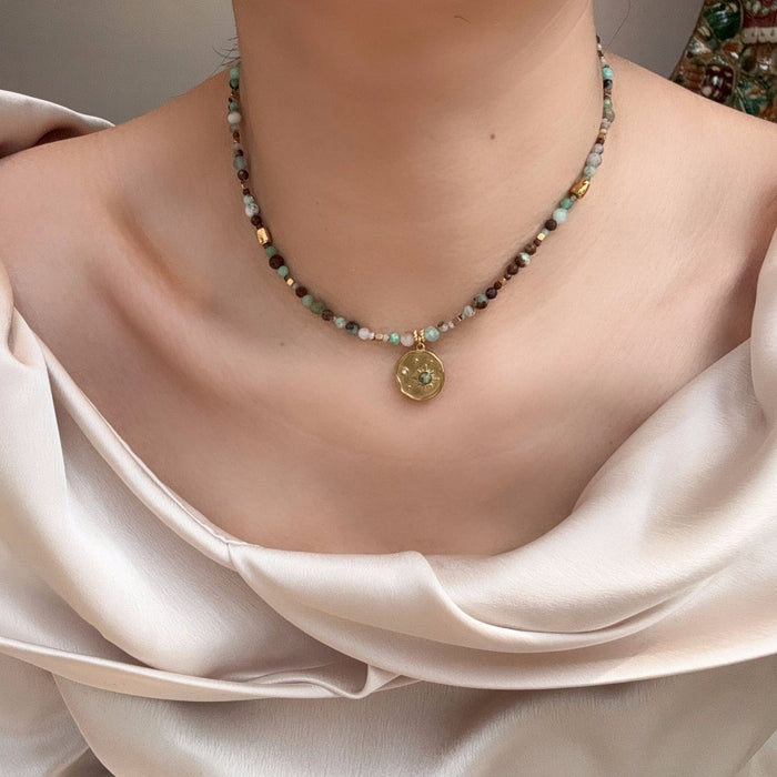 Wholesale Natural stone bead necklace light luxury niche retro red patterned stone layered turquoise high-end necklace