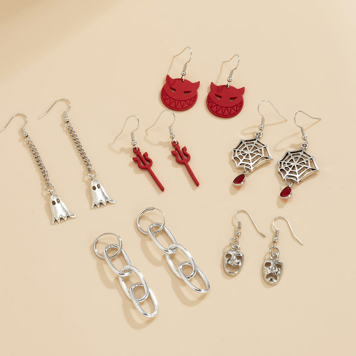 Wholesale Plated Alloy Gothic  Earrings Set With Ghost  Web And Dark Red Demon Chain Design Trendy Jewelry Accessory For Party Wear