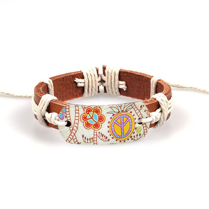 Wholesale Leather Ethnic Style Heat Transfer and Peace Symbol Totem Color Bracelet JDC-BT-QiN018