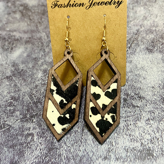 Wholesale Leopard print cow pattern genuine leather earrings Western geometric inlaid earrings hollow earrings