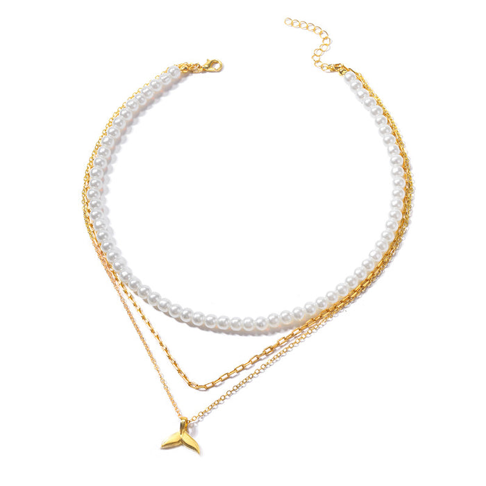 Wholesale Luxury Pearl Multi layer Stacked Necklace Versatile High end Fishtail Chain Pendant