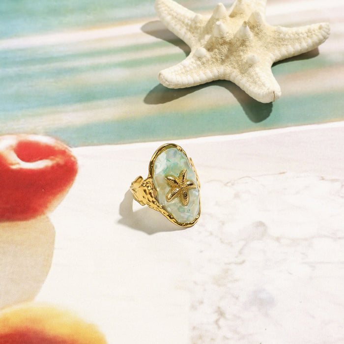 Wholesale Stainless Steel Blue Oil Drip Broken Shell Starfish Ring
