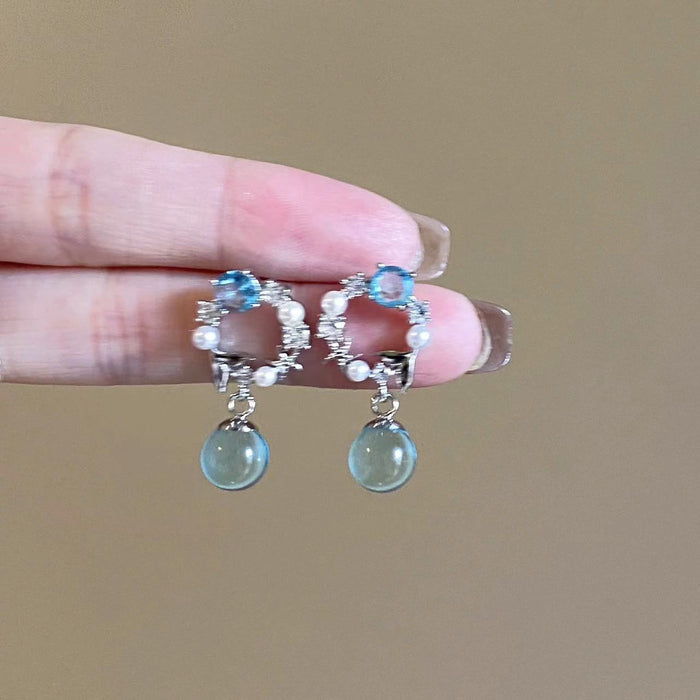 Wholesale Blue Crystal Micro-set Zircon Pearl Stud Hoop Earrings