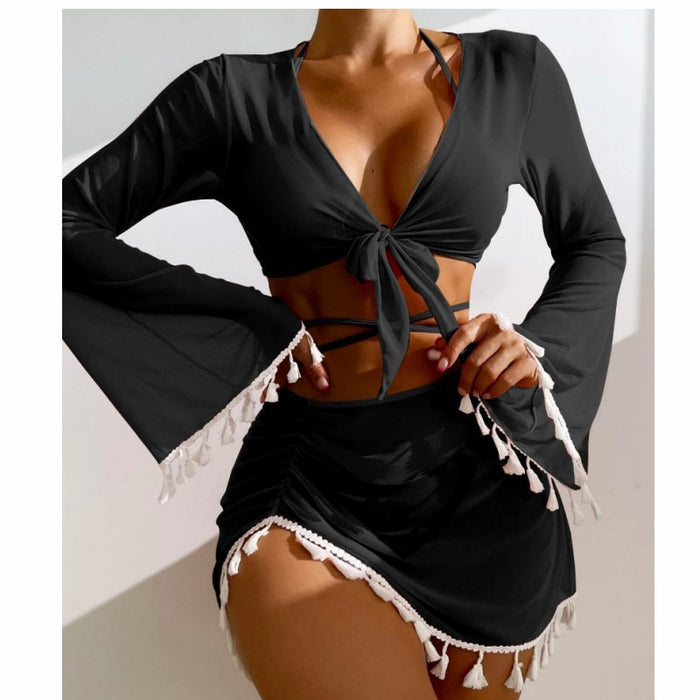 Wholesale Polyester Solid Color Tassel Cover Up, Mesh Short Skirt, Bikini Four Piece Set JDC-SW-ZhengY001