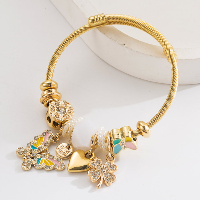 Wholesale Chic Adjustable Women S Bracelet With Butterfly Heart Clover Charms Alloy Pink Fashion Jewelry Accessory