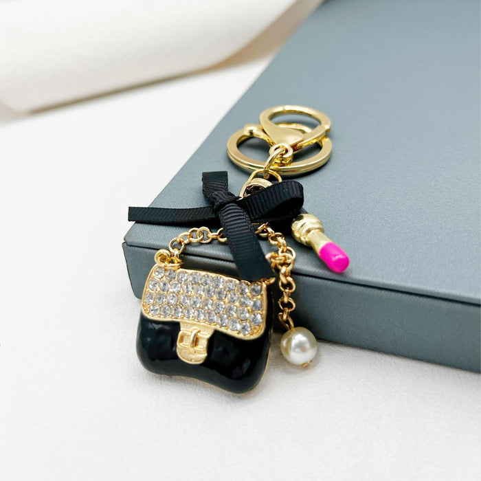 Wholesale Rhinestone Lipstick Bow Small Shoulder Bag Alloy Keychain JDC-KC-ZhanLun005