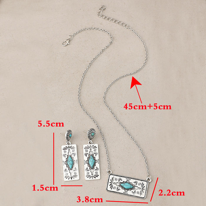 Wholesale Retro style pumpkin flower patchwork geometric turquoise alloy earrings necklace set