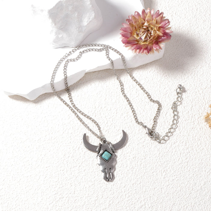 Wholesale green turquoise cow head ear hook necklace suit foreign trade hot selling jewelry