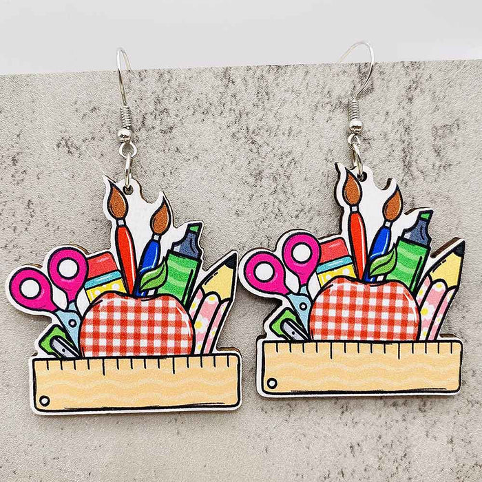 Wholesale Teachers'  Day Earrings Pencil Alarm Clock Wooden Earrings School Season Student Earrings