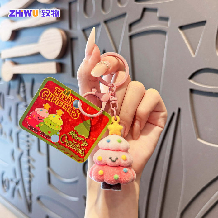 Wholesale PVC Flocking Christmas Tree Keychain Cute Holiday Gift MOQ≥4
