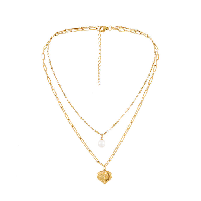 Wholesale New Fashionable and Simple Style Stainless Steel Double layered Love Pearl Pendant Necklace Clavicle Chain Versatile