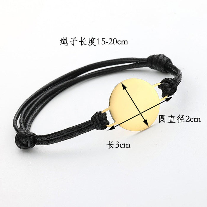 Wholesale Adjustable engraving mirror polished titanium steel disc leather rope woven bracelet stainless steel wax rope hand decoration engraving