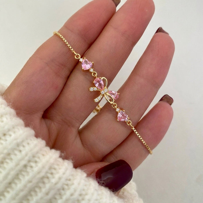 Wholesale Pink Crystal Butterfly Bow Rhinestone Necklace Bracelet Set Jewelry Accessory