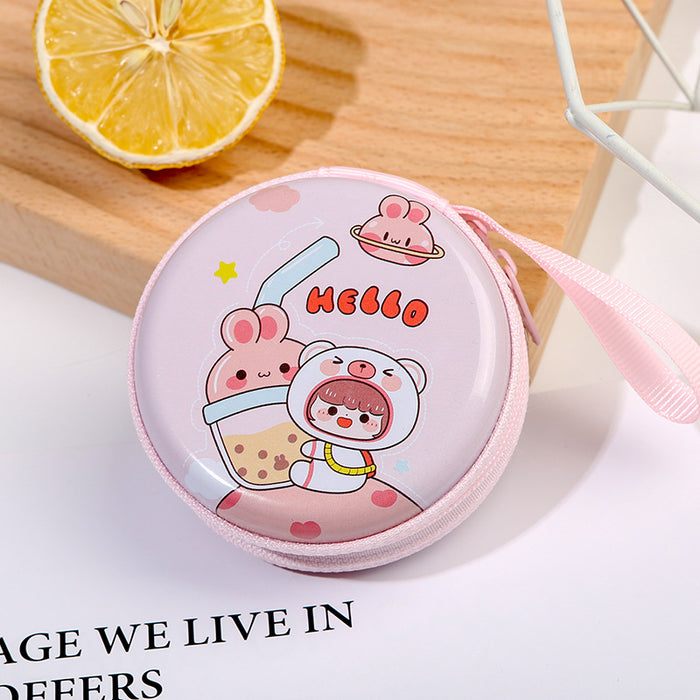 Wholesale Creative Round Tinplate Coin Purse Mini Cartoon Zipper Data Cable Storage Bag Headset Keychain Small Wallet