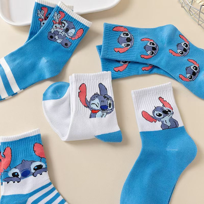 Wholesale Cute blue cartoon-print cotton-lined short striped socks for spring and autumn.