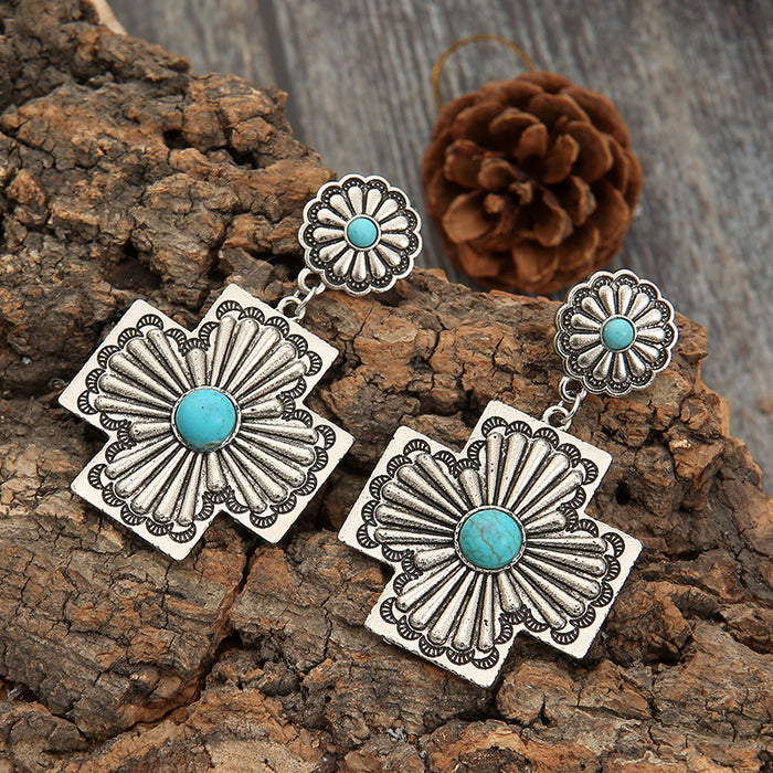 Wholesale Earrings Independent Station New Retro Turquoise Earrings Exaggerated Cross Carving Metal Earrings