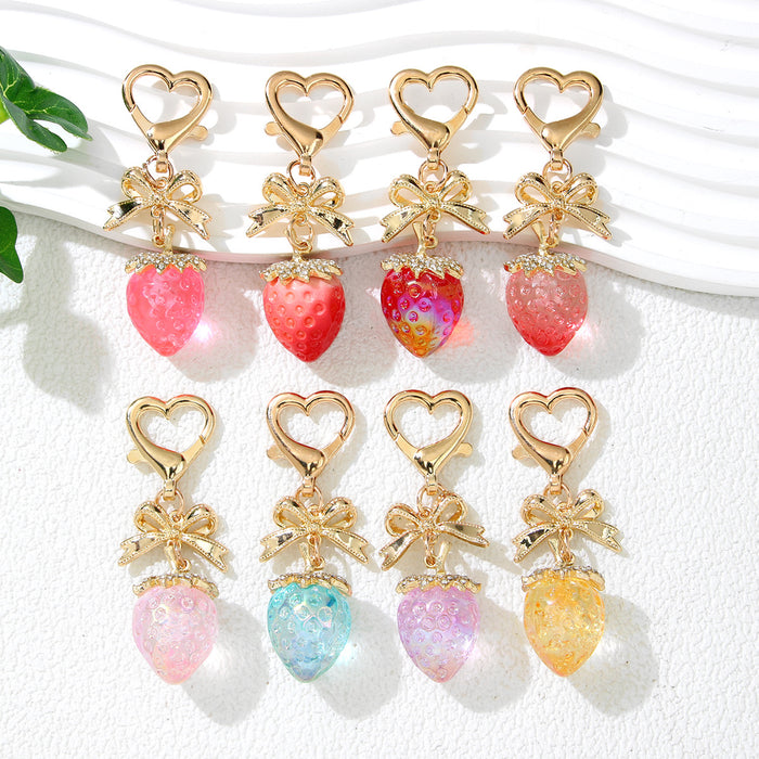Wholesale Cute Strawberry Keychain with Bow - Plated Red Plastic Decorative Accessory MOQ≥2