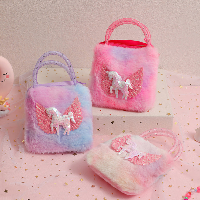 Wholesale Children' s Cartoon Unicorn Shoulder Bag Cute Girl' s Storage Crossbody Bag Daily Wear Plush Handbag Bag for Women