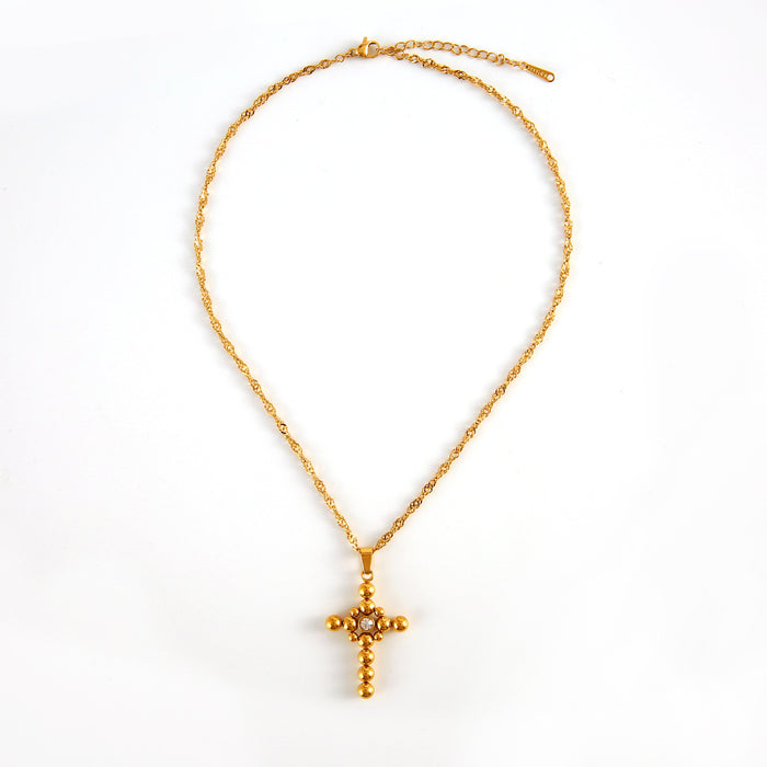 Wholesale New minimalist retro stainless steel round bead cross necklace with zircon light luxury style accessories color preservation wholesale
