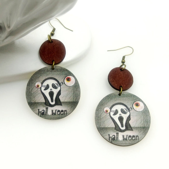 Wholesale Halloween Wooden Print Ghost Earrings JDC-ES-Yinxue007