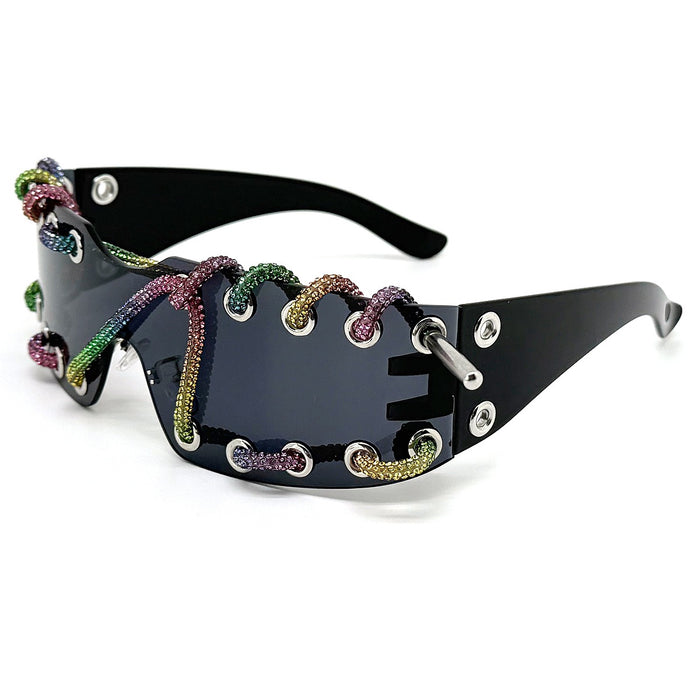 Wholesale Cyberpunk Rimless Rhinestone Sunglasses with Metal Rings and Rivets