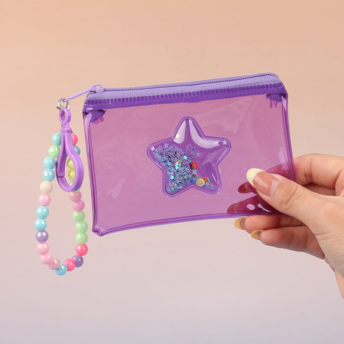 Wholesale PVC Star Macaroon Clear Zip Coin Purse Pink Bead Chain Multi Use Card Holder Earphone Bag Trendy