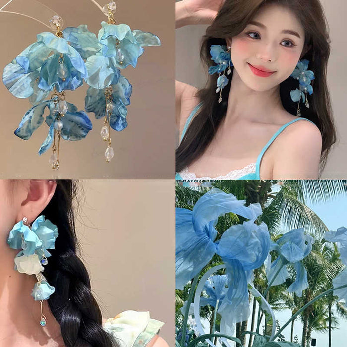 Wholesale High end exaggerated flower tassel earrings, niche vacation style petal earrings, atmosphere and temperament earrings