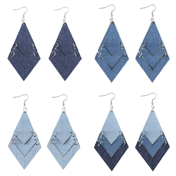 Wholesale Gradient blue denim geometric triple ing earrings Western Bohemian denim leather earrings