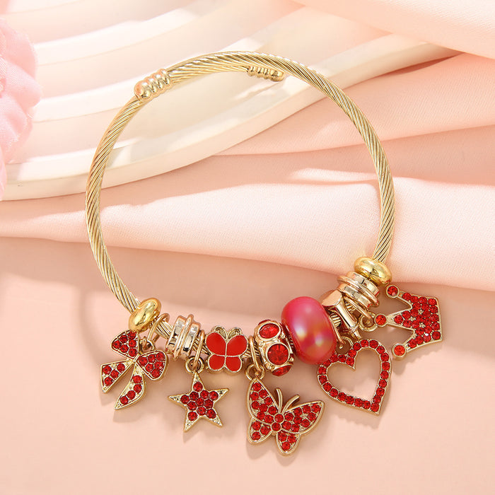 Wholesale Diamond-encrusted butterfly and heart beaded stainless steel bracelet