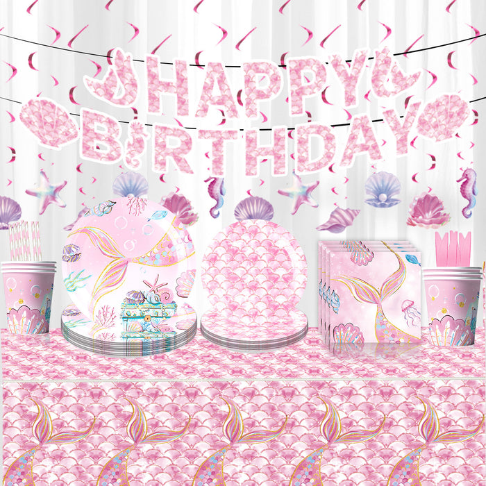 Wholesale Mermaid Theme Tableware Tablecloth Paper Cup Tissue Paper Tray Pink Fishtail Decoration Birthday Party Layout