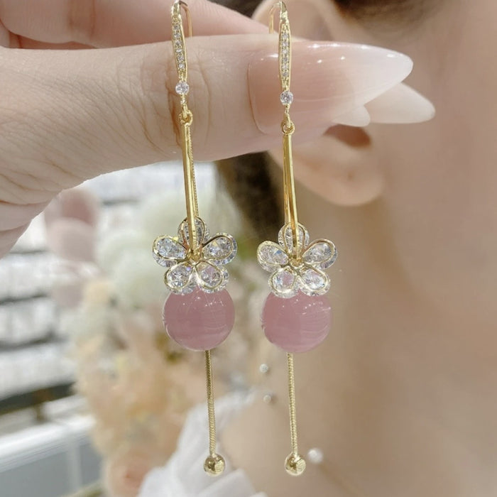 Wholesale Light luxury zircon five petal flower earrings, exquisite earrings, fashionable temperament, long style