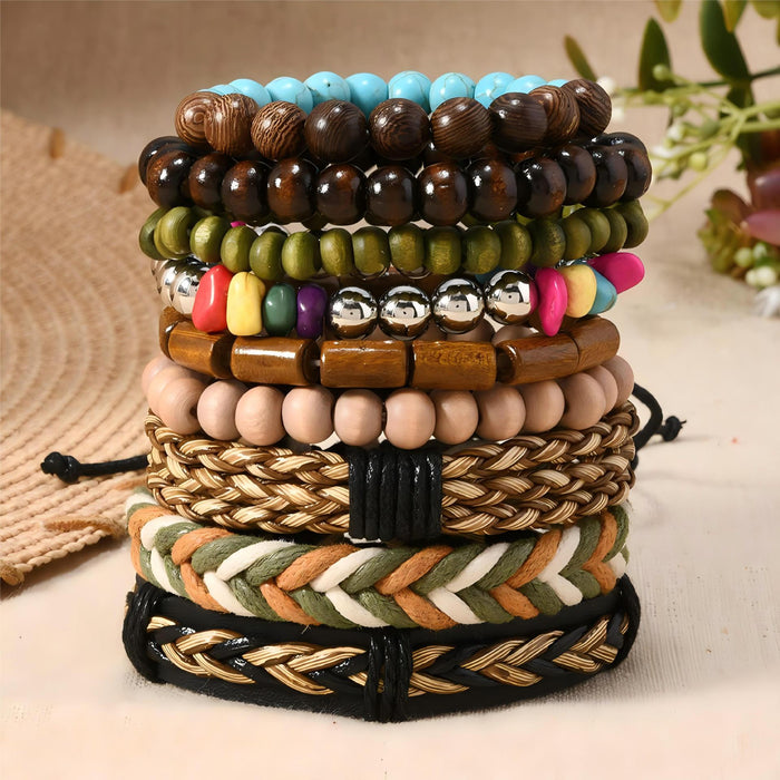 Wholesale Bohemian style nut shell wood beaded elastic thread multi-piece bracelet set