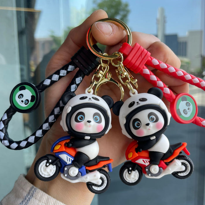 Wholesale Cartoon Motorcycle Panda Keychain 3D Doll Car Keychain Bag Pendant Hanging Decoration Baby Grabbing Machine Small Gift