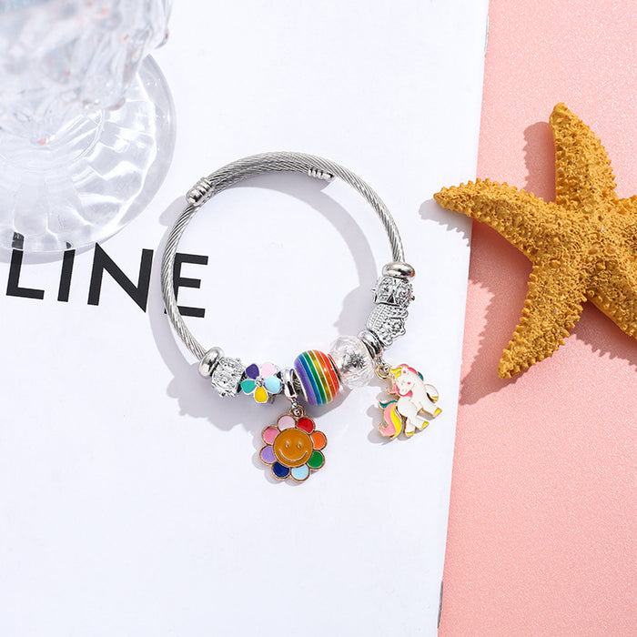 Wholesale Stainless Steel Unicorn Sunflower Pendant Opening Adjustable Beaded Bracelet