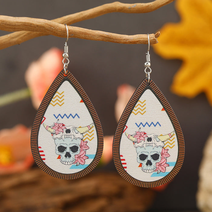 Wholesale Bull head sunflower water drop female model printing personality all-match long earrings trendy street shot wooden