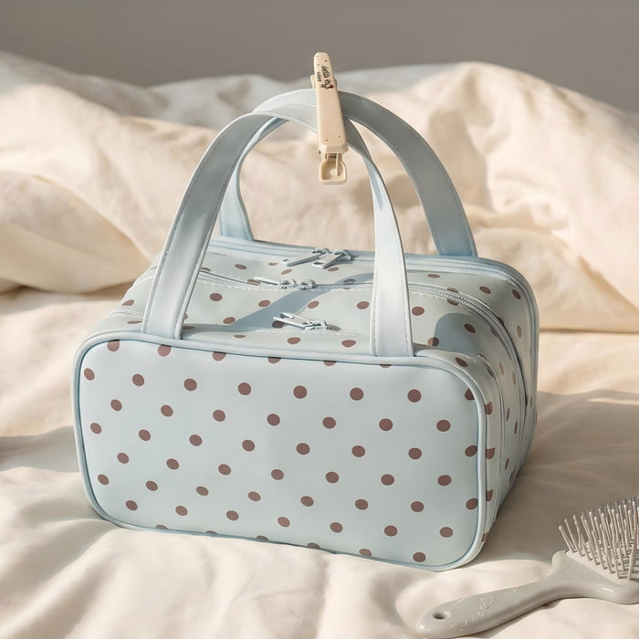 Wholesale Mint Green Polka Dot Cosmetic Bag Three Layer Large Capacity PU Travel Storage Pouch
