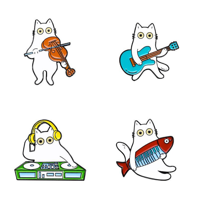 Wholesale White cat musical instrument cartoon brooch versatile creative small animal clothing n needle butterfly buckle metal badge