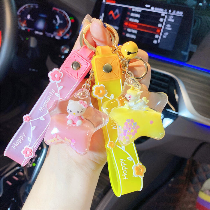 Wholesale Creative acrylic cute unicorn pony oil floating bottle keychain girl backpack liquid Car pendant