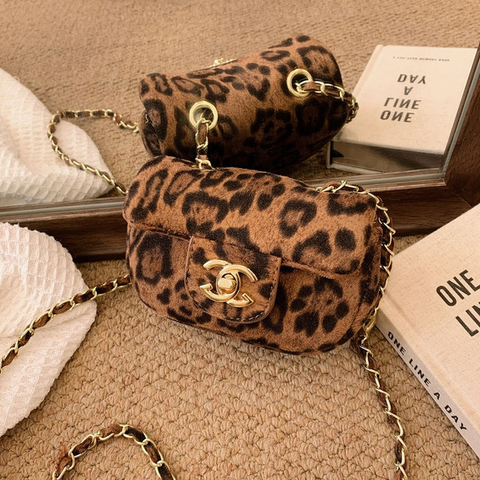 Wholesale Little -style chain crossbody bag,  versatile diamond-patterned leopard print velvet small coin purse for children and babies